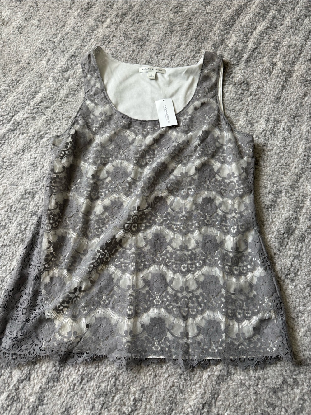 Banana Republic Grey and White Floral Lace Tank Top with Scalloped Hem